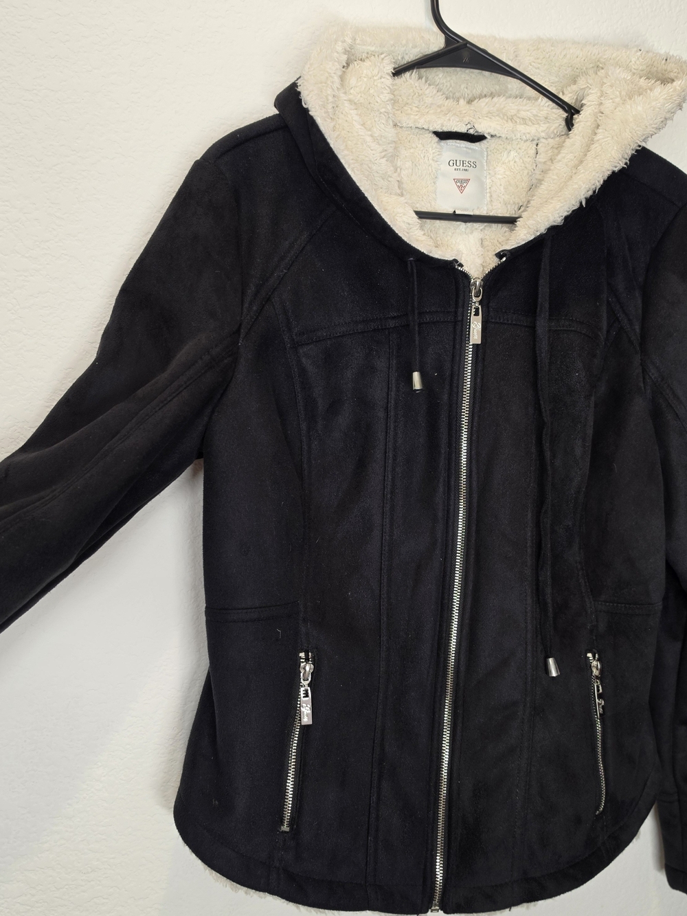 GUESS Black Faux-Suede Hooded Jacket with Sherpa Lining